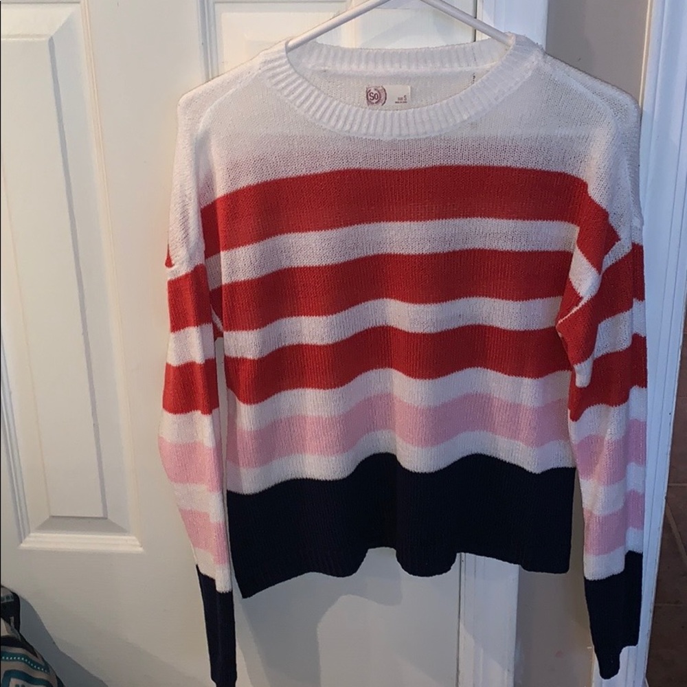 red pink blue and white stripped sweater